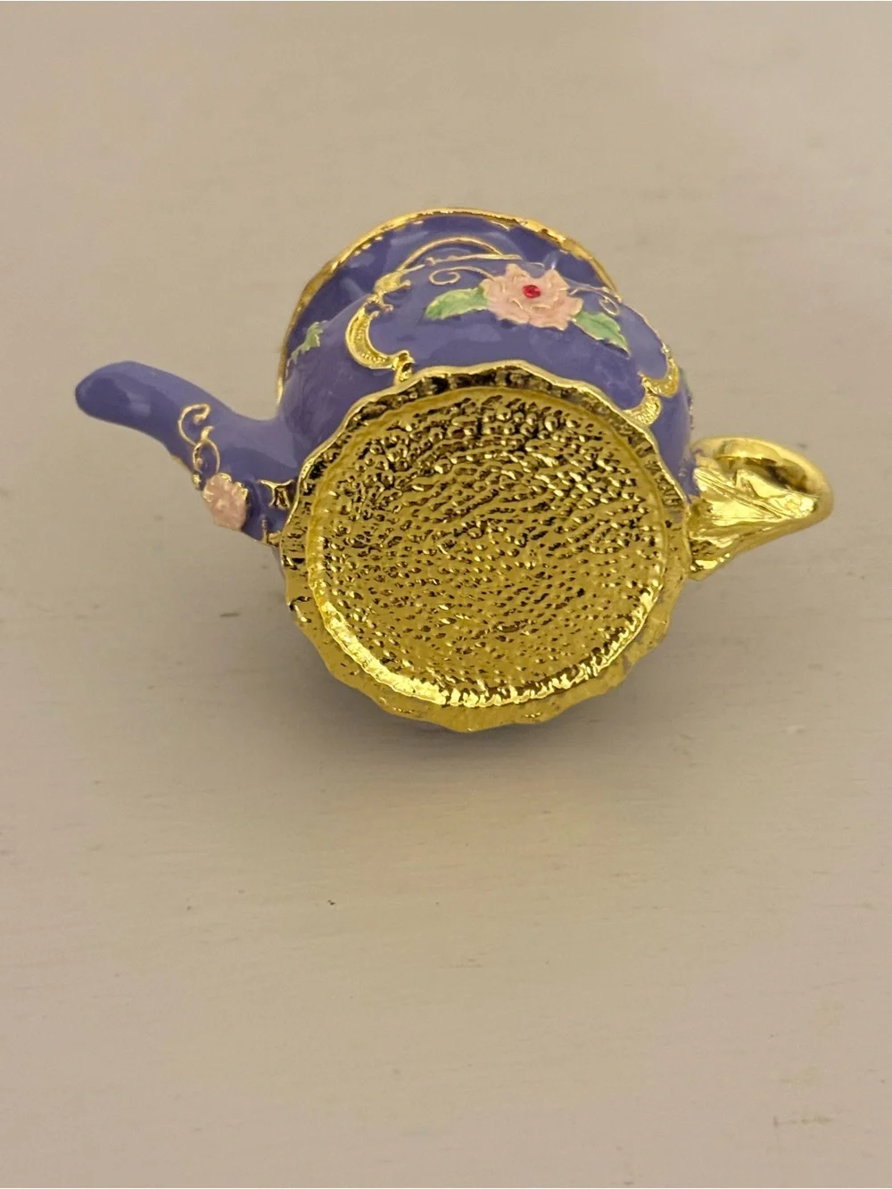 Bejeweled Purple Teapot Hinged Trinket Box Jeweled Enamel Miniature Ring Holder